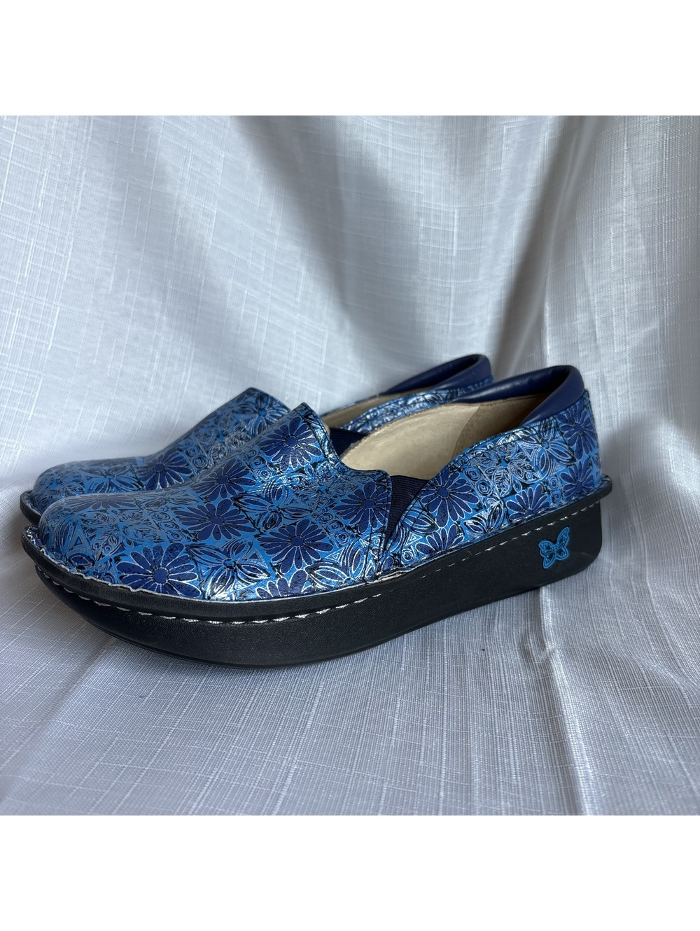 Alegria Debra Blue Floral Leather Slip On Clogs Nursing Shoes Womens US 10.5